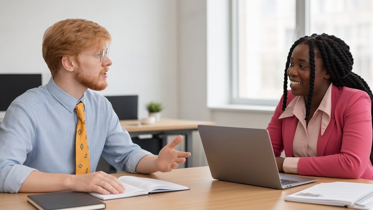 Zwei Kolleginnen und Kollegen im Gespräch an einem Schreibtisch im Büro